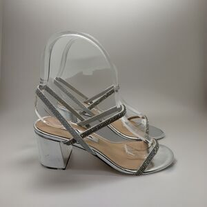 Nina Nissy True Silver Ankle Strap Rhinestone Block Heel Sandal SZ6 1/2